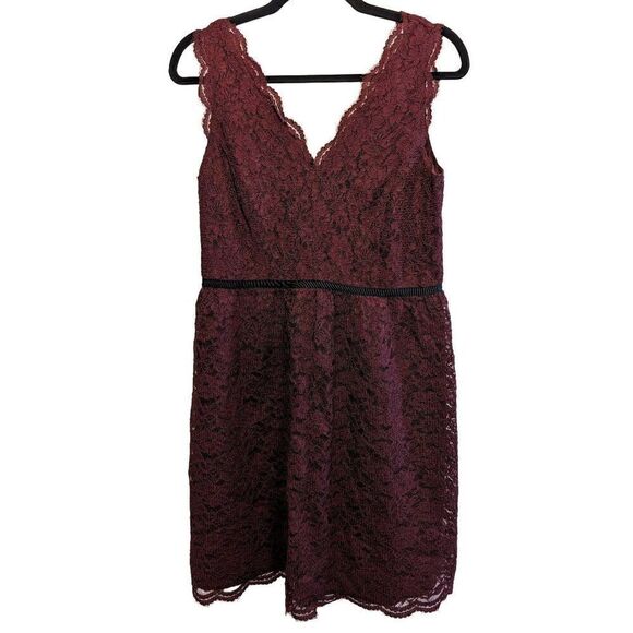 Loft Ann Taylor Women Burgundy Lace Overlay Mini Dress Vee in Front & Back Women - Picture 1 of 7
